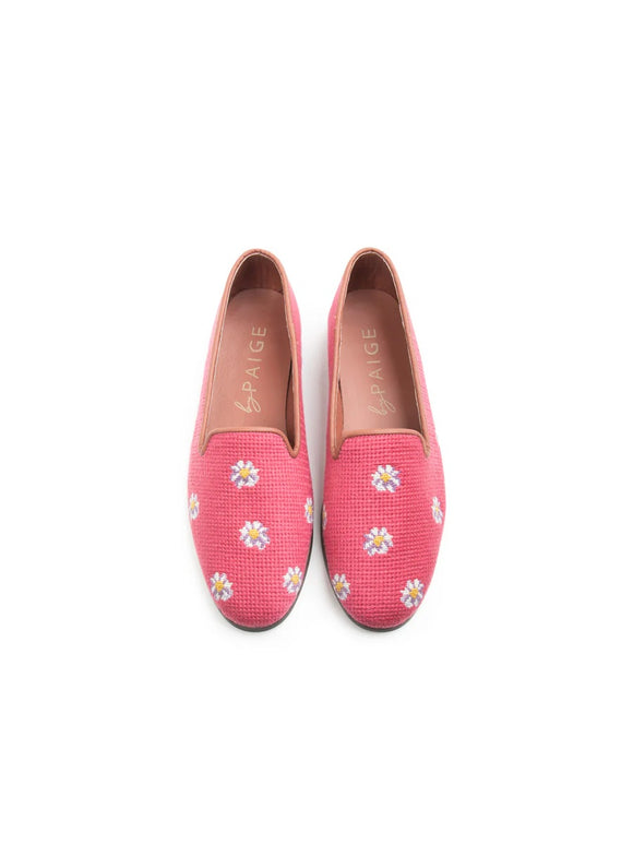 Misses Needlepoint Loafers Raspberry with Daisies