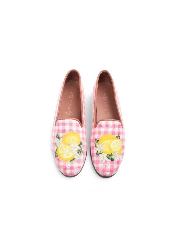 Misses Needlepoint Loafer by Psige Pink Gingham with Lemon